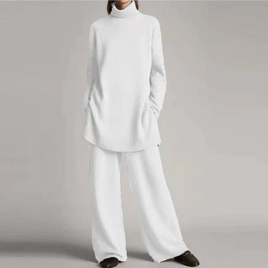Dam Loungewear Set – Stickad Textur – Oversize Topp – Vida Byxor – Polokrage