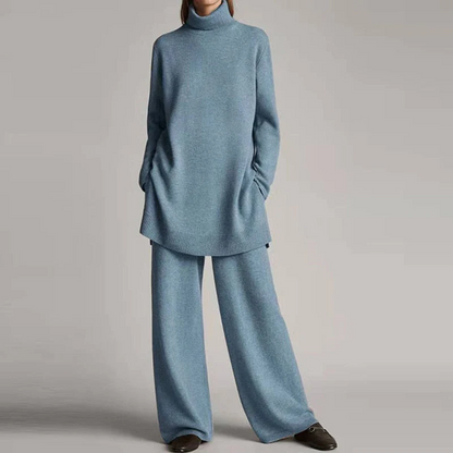 Dam Loungewear Set – Stickad Textur – Oversize Topp – Vida Byxor – Polokrage