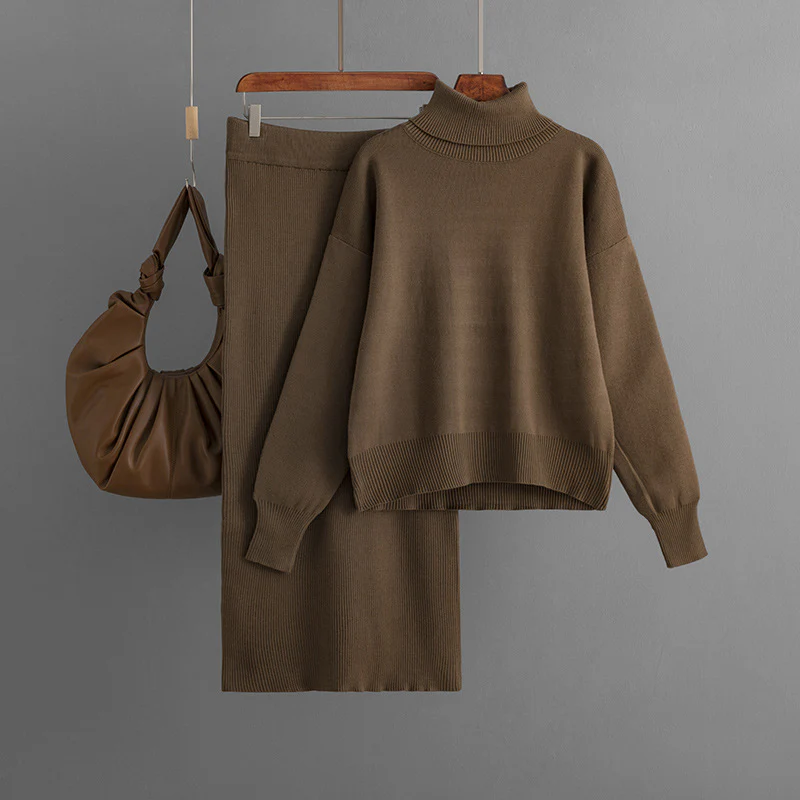 Damset Med Sstickad Tröja och Kjol – Polokrage – Slim fit – Ribbad Struktur