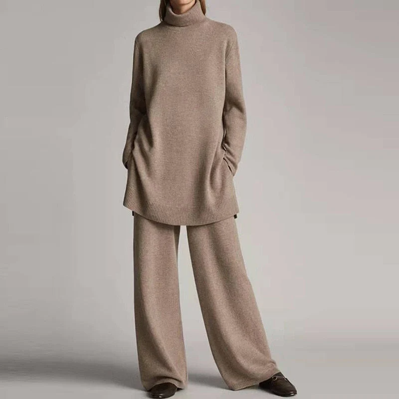 Dam Loungewear Set – Stickad Textur – Oversize Topp – Vida Byxor – Polokrage