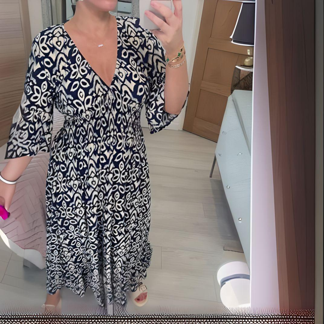Damklänning maxi – Boho mönster – V-ringning – 3/4 ärm – Avslappnad passform – Andningsbar textil