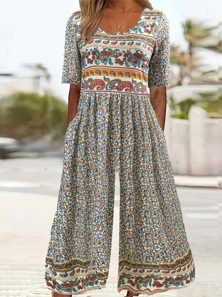 Dam Jumpsuit – Lös Passform – Kort Ärm – Bohemiskt Mönster – Fickor