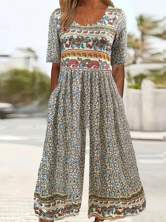 Dam Jumpsuit – Lös Passform – Kort Ärm – Bohemiskt Mönster – Fickor