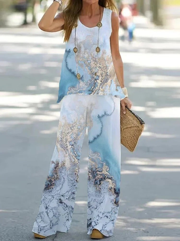 Damset med topp och vida byxor – Andningsbar mix – Avslappnad passform – Mönstrad design