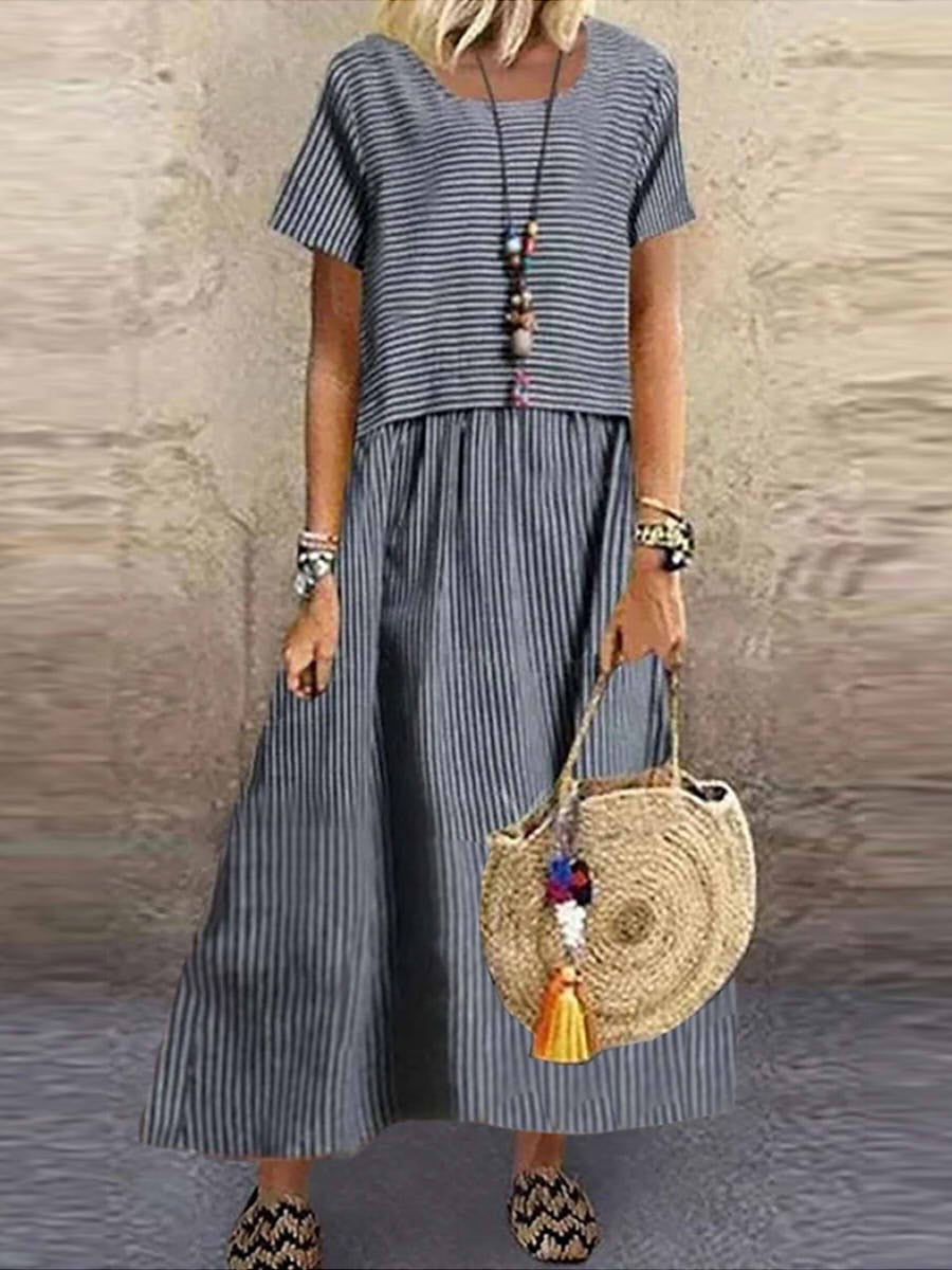 Damklänning maxi – Lös passform – Randigt mönster – Halvlång ärm – Andningsbar mix