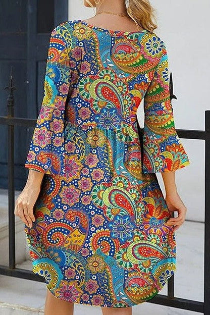 Damklänning – Minilängd – Avslappnad Passform – A-linjeform – 3/4-Ärm – Paisleymönster