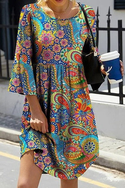 Damklänning – Minilängd – Avslappnad Passform – A-linjeform – 3/4-Ärm – Paisleymönster