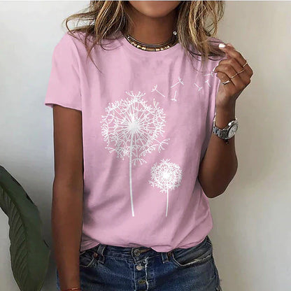 Dam T-shirt – Bomull – Avslappnad Passform – Rund Hals – Kort Ärm – Tryckt Motiv