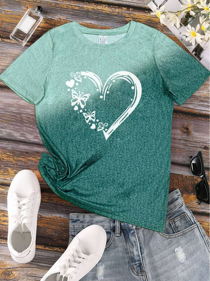 Dam T-shirt - Rundhals - Kortärmad - Fjäril & Hjärtmotiv - Bekväm Vardagströja
