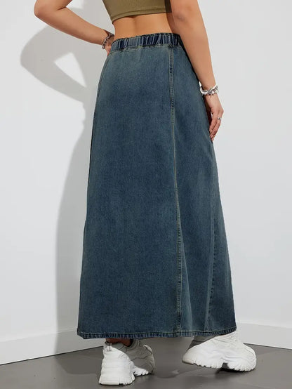 Dam Jeanskjol – Lång High Waist – Elastisk Midja med Dragsko – Casual och Bekväm