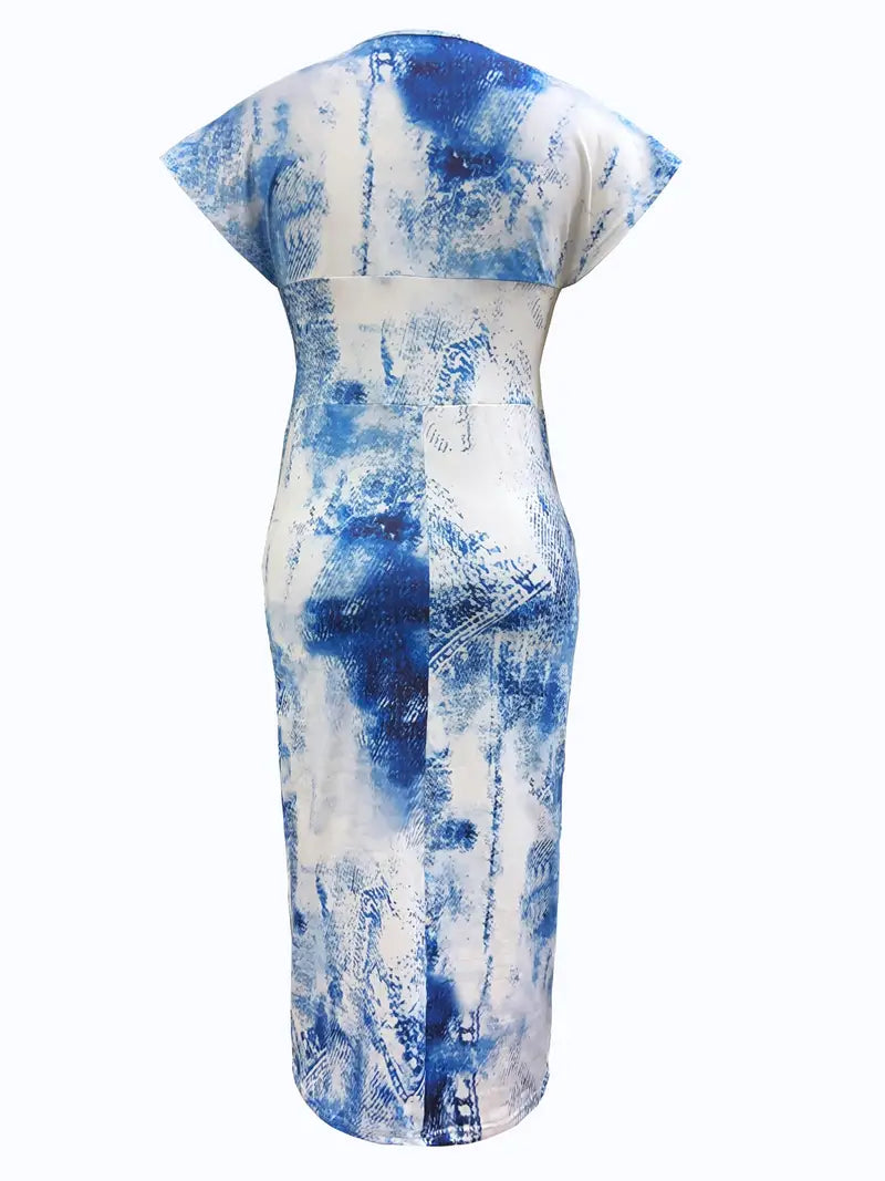 Damklänning - Figurnära Midi - V-ringning - Ärmlös Patchwork Denim Look