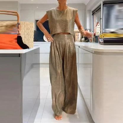 Damset – Èrmlös Croptop – Vida Högmidjebyxor – Avslappnad Passform