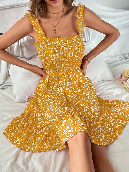 Klänning Dam - Ärmlös Smockad Bodice - Fyrkantig Halsringning - Blommigt Mönster - Vardagsbruk