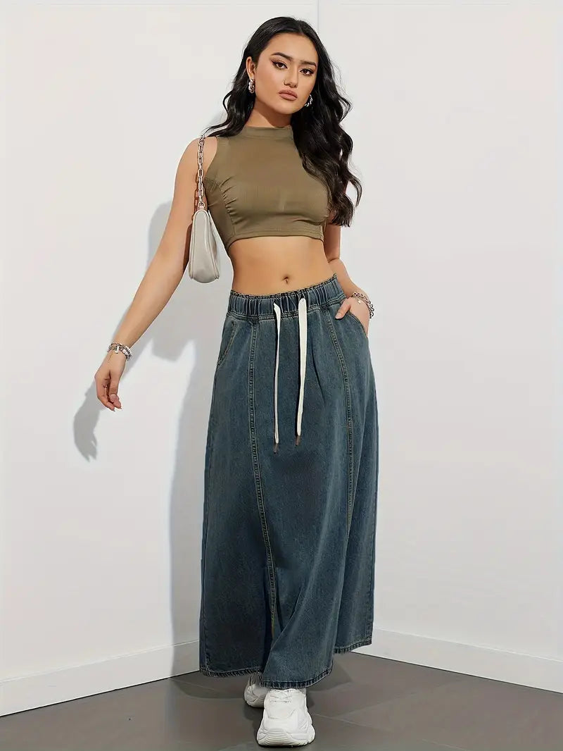Dam Jeanskjol – Lång High Waist – Elastisk Midja med Dragsko – Casual och Bekväm