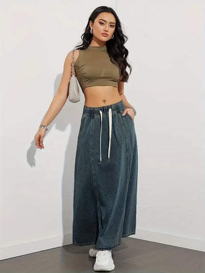 Dam Jeanskjol – Lång High Waist – Elastisk Midja med Dragsko – Casual och Bekväm