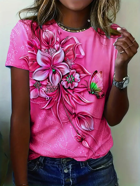 Dam T-shirt - Rund hals - Kortärmad - Blommigt tryck med fjärilsmotiv - Bekväm