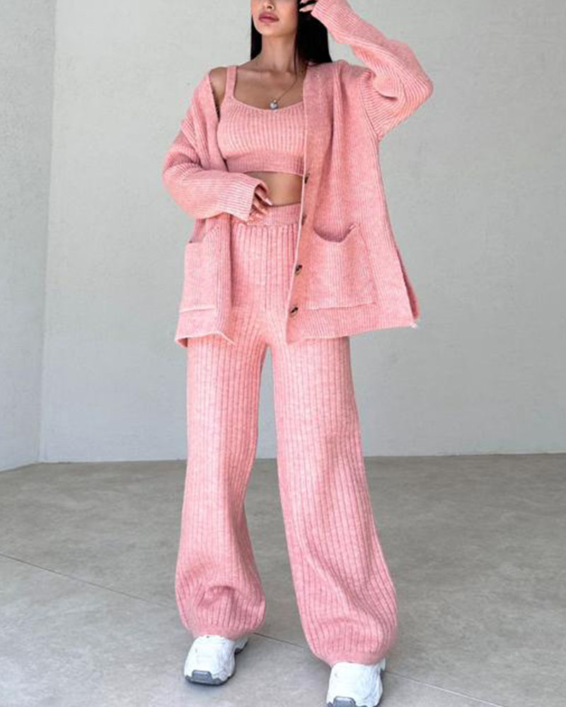 Dam Loungewear-Set - 3-delad Stickad - Kofta, Linne & Vida Byxor - Bekväm Passform