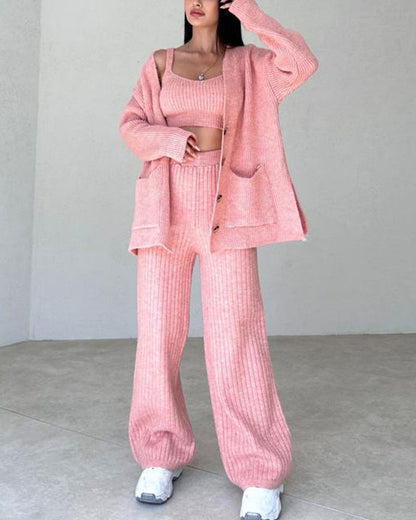 Dam Loungewear-Set - 3-delad Stickad - Kofta, Linne & Vida Byxor - Bekväm Passform