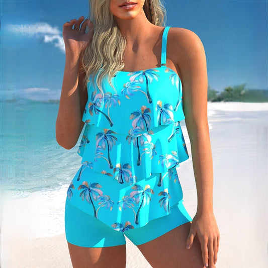 Dam Tankini Set – Avslappnad Passform – Volangtop – Justerbara Axelband – Badeshorts
