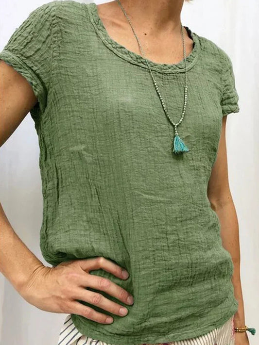 Dam T-shirt – Avslappnad Passform – Skrynklig Textur – Kort Ärm – Andningsbart Tyg