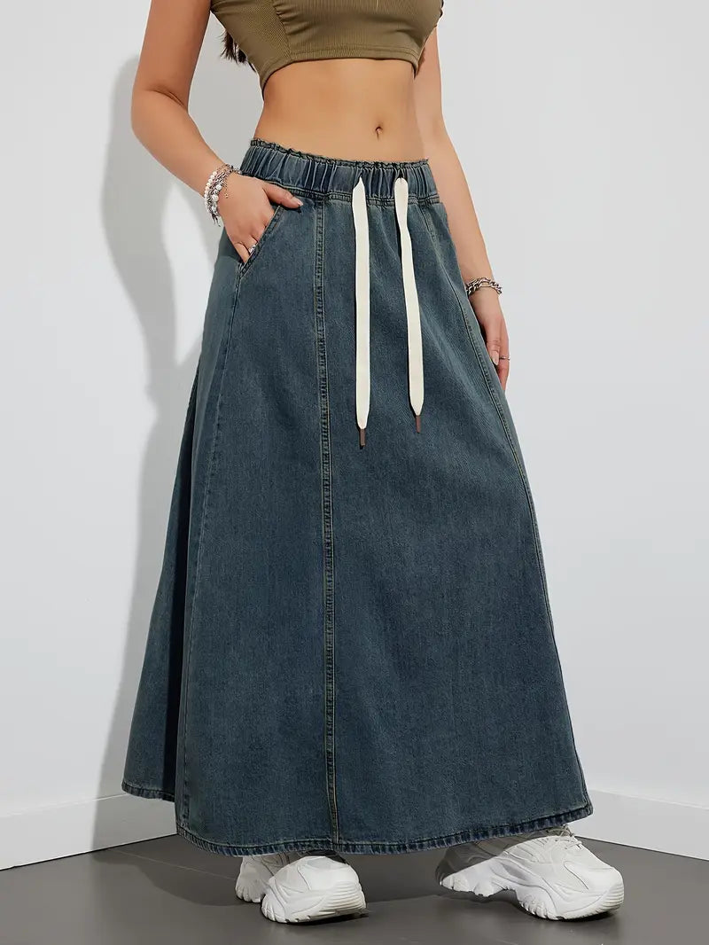 Dam Jeanskjol – Lång High Waist – Elastisk Midja med Dragsko – Casual och Bekväm