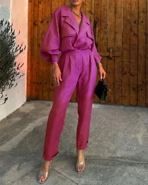 Damdress - Elegant Jumpsuit - Lös Passform - Långa ärmar - Avsmalnande Ben
