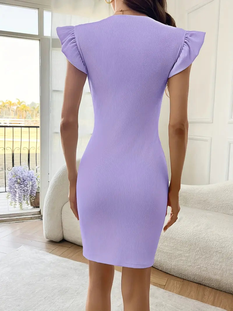 Damklänning - Figurnära Passform - Ärmlös med Volangdetaljer - Ribbad Struktur