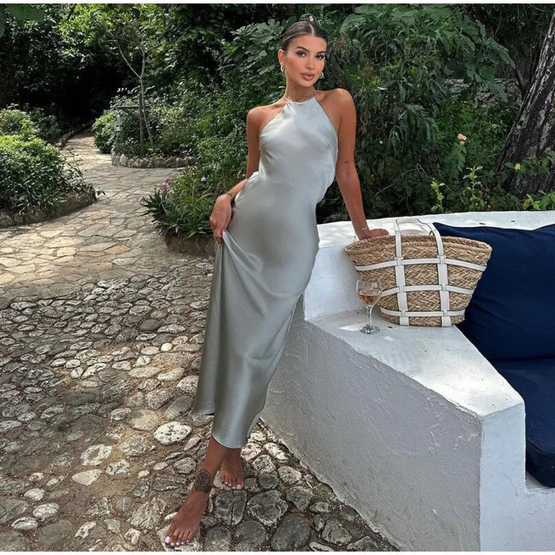 Damklänning – Halterneck – Satäng – Figurnära Passform – Ankellång Elegant Fest