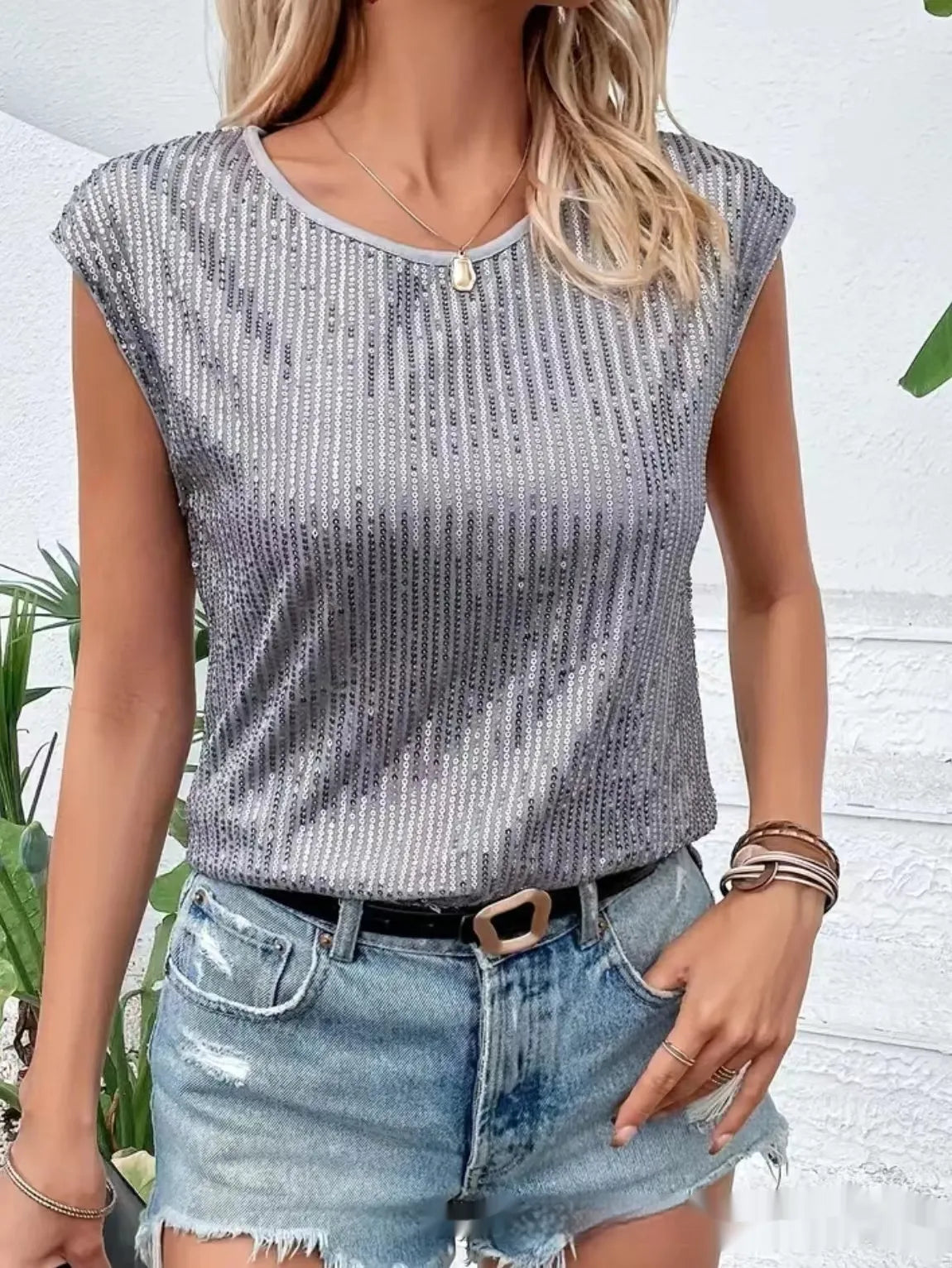 Damtopp med paljettmönster - Ärmlös rund halsringning - Casual Chic Glitter