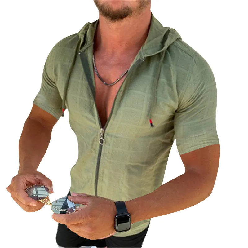 Herrskjorta med kort ärm och huva i mesh – halvtransparent design