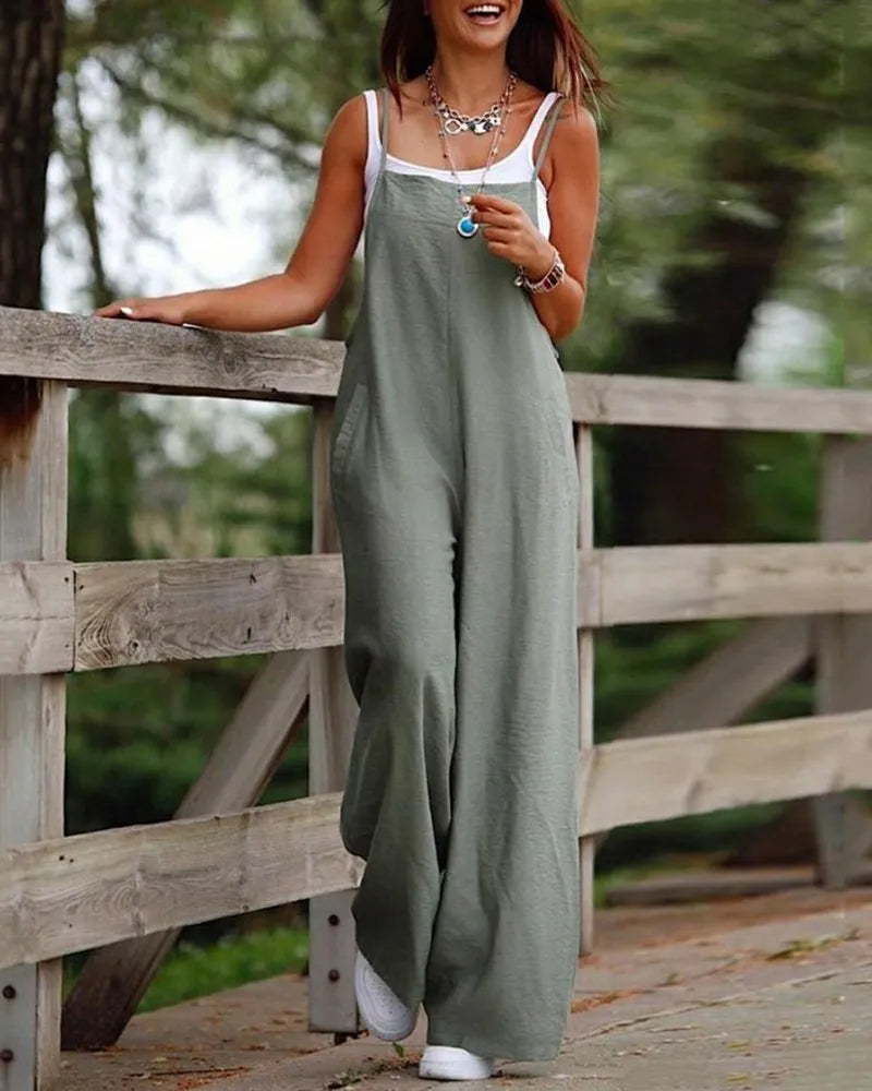 Dam Jumpsuit - Bred Passform - Ankellång - Tunnaxlad med Fickor - Avslappnad Stil