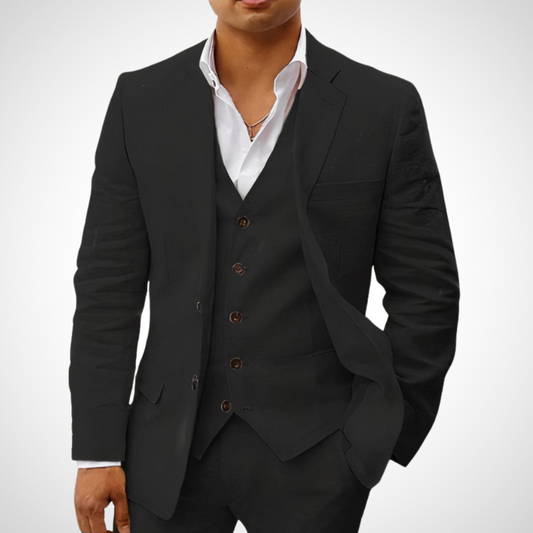 Herrkostym – Slim Fit Blazer, Västdel och Byxor – Klassisk Ullstruktur