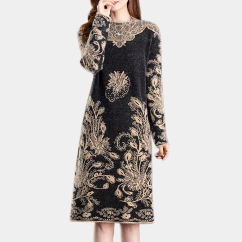 Damklänning Stickad - Avslappnad Passform - Knälång - Rund Hals - Blommigt Mönster