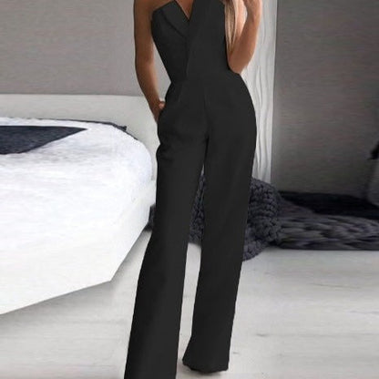 Dam Jumpsuit – Axelbandslös – Figurnära Liv – Vida Ben – Elegant Festplagg