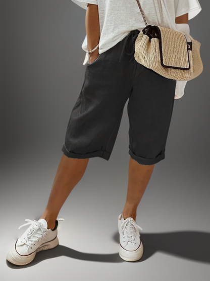 Dam Bermuda Shorts - Linne - Knälång - Avslappnad Passform - Justerbar Dragsko