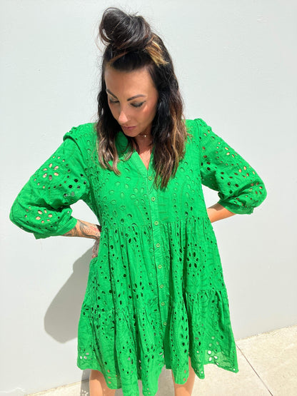 Klänning för dam – A-linjeformad – Broderie Anglaise – Trekvartsärm – Knäppning fram