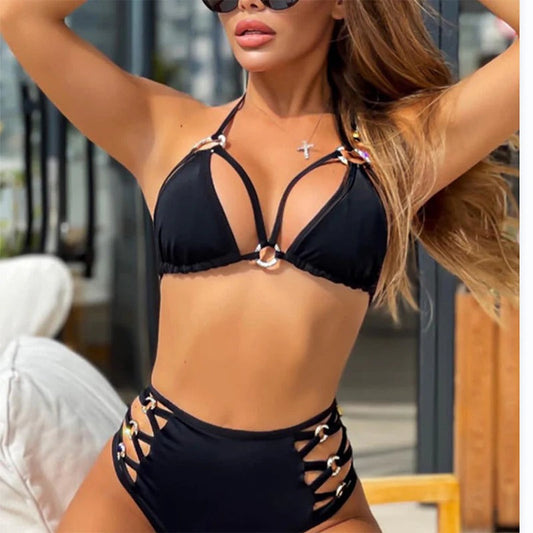 Dam Bikini Set – Hög Midja – Justerbara Band – Spänndetaljer – Andningsbart Material