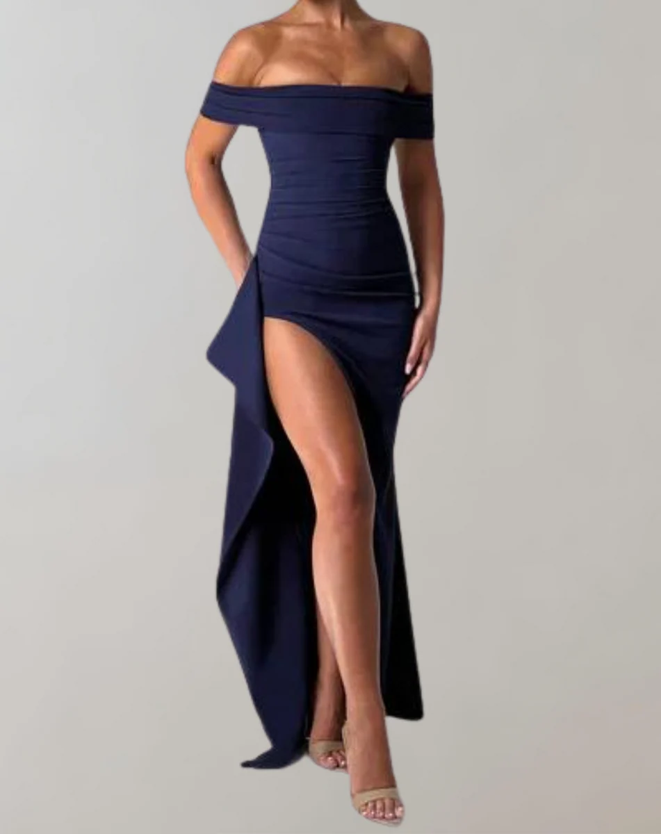 Damklänning maxi – Slim fit – Off shoulder – Hög slits – Elegant kvällsplagg