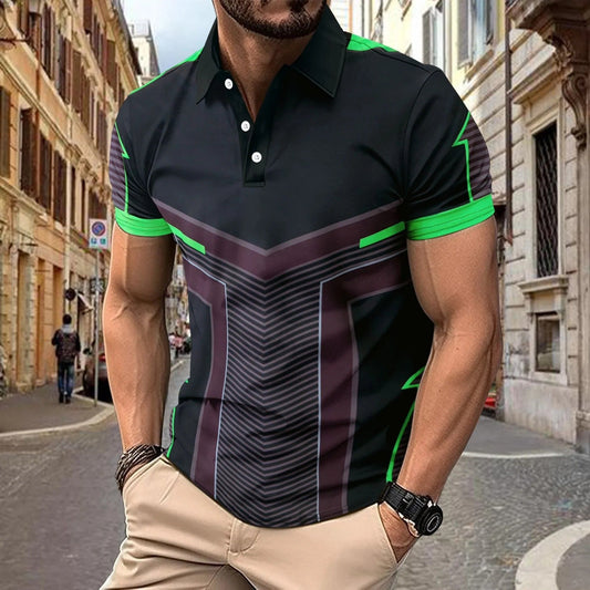 Herrpikétröja – Slim Fit – Stickad – Kort Ärm – Geometriskt Mönster