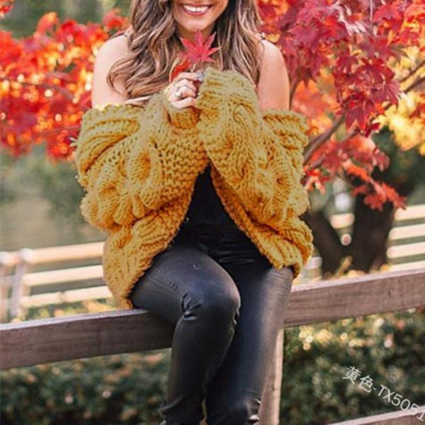 Damkofta – Ullmix – Oversized Passform – Grov Kabelstickning – Öppen Front