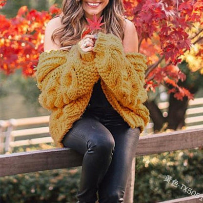 Damkofta – Ullmix – Oversized Passform – Grov Kabelstickning – Öppen Front