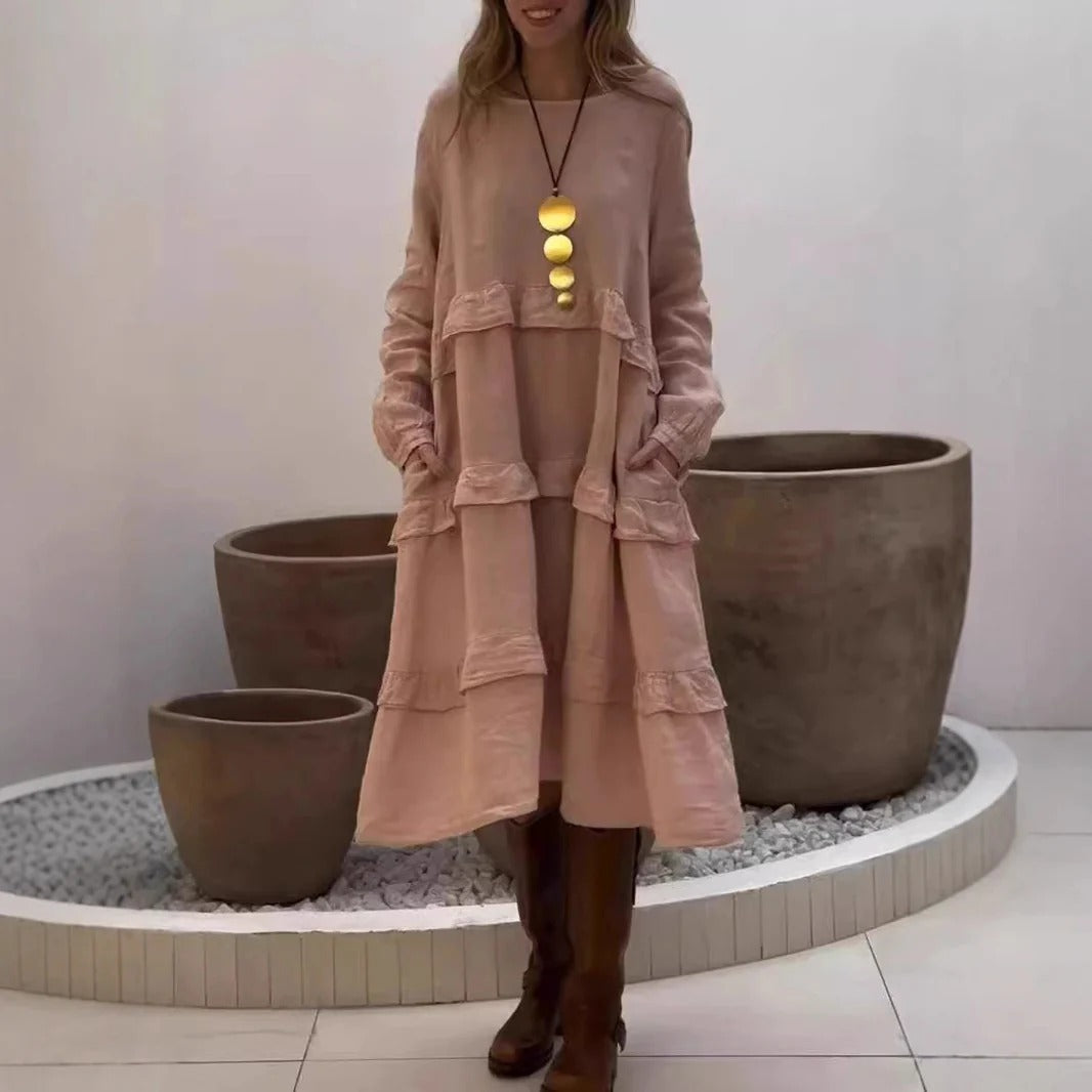 Damklänning maxi – A-linje avslappnad passform – Linne – Lång ärm med volang