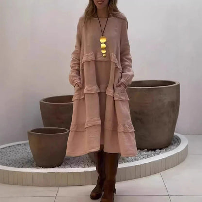 Damklänning maxi – A-linje avslappnad passform – Linne – Lång ärm med volang