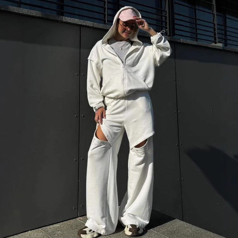 Dam Loungewear Set – Fleecekänsla – Avslappnad Passform – Huvtröja med Dragkedja – Vida Byxor med Utskärningar