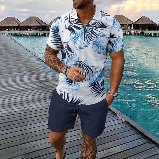 Herrset med pikétröja och shorts – Slim fit – Zipkrage – Tropiskt mönster
