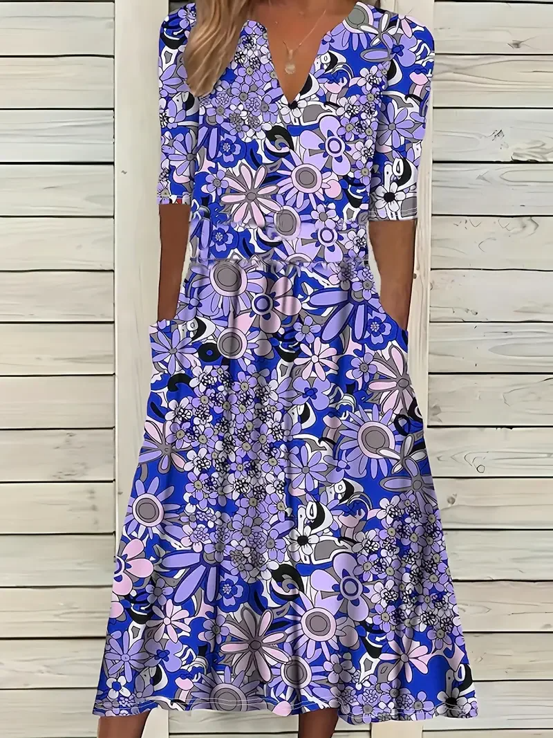 Damklänning – Maxilängd – Figursydd och Utställd – V-ringning – Kort Ärm – Blommigt Mönster – Andningsbar Textil – Med Fickor