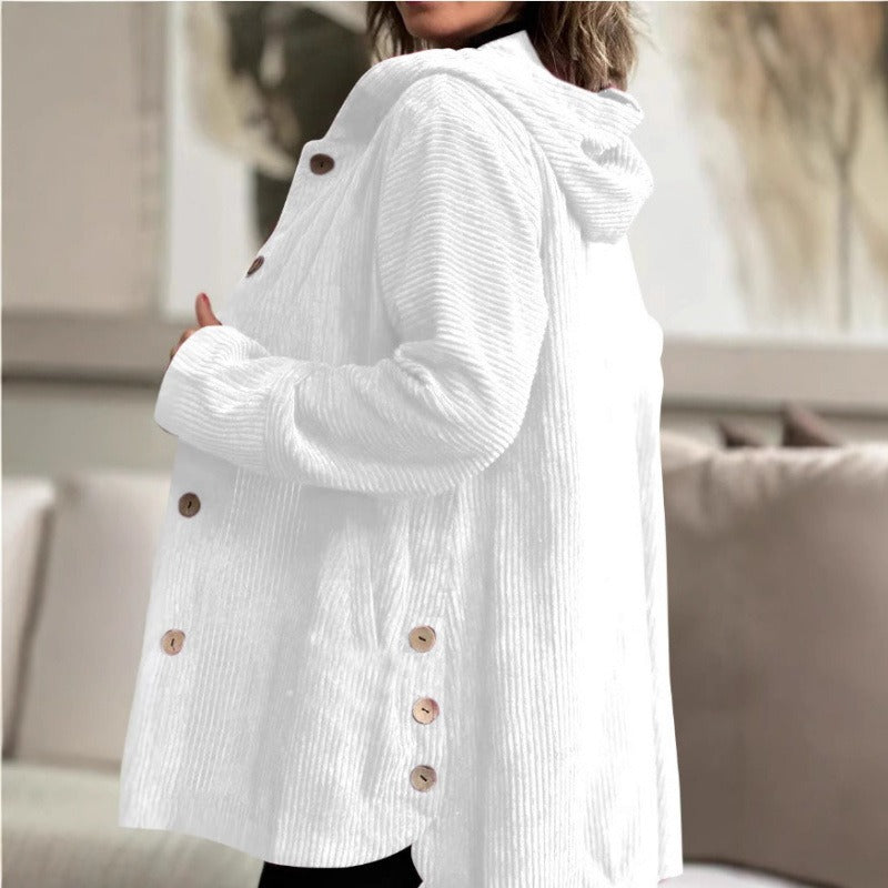 Damjacka – Corduroy – Lös Passform – Huva – Knappstängning – Lårlängd