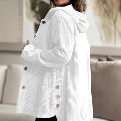 Damjacka – Corduroy – Lös Passform – Huva – Knappstängning – Lårlängd