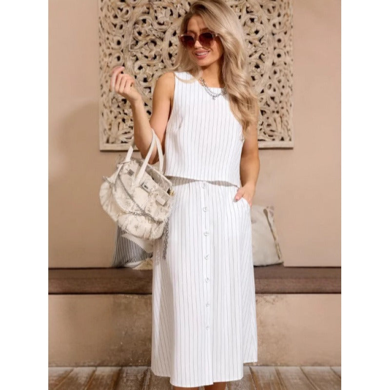 Damset – Crop Top i avslappnad passform – Midikjol med knappar – Bomullsblandning