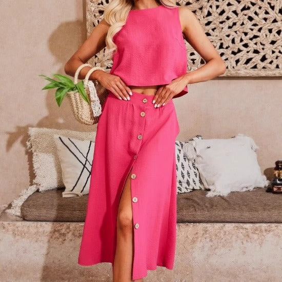 Damset – Crop Top i avslappnad passform – Midikjol med knappar – Bomullsblandning